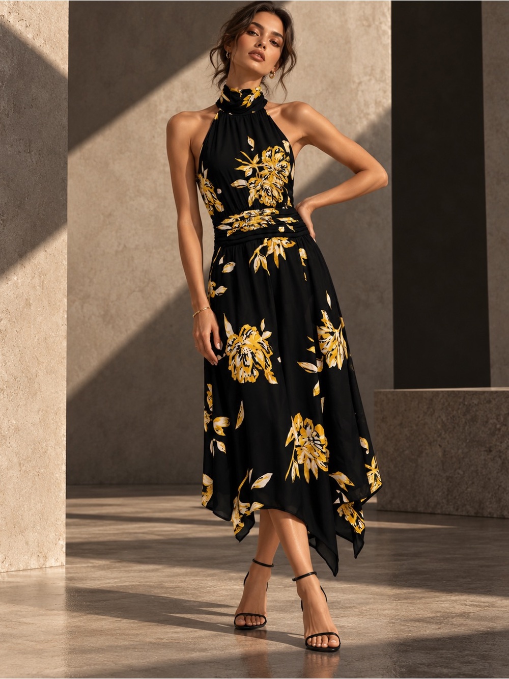 Joie Kehlani Silk Floral Halter Dress Caviar Black Yellow NWT Size 2